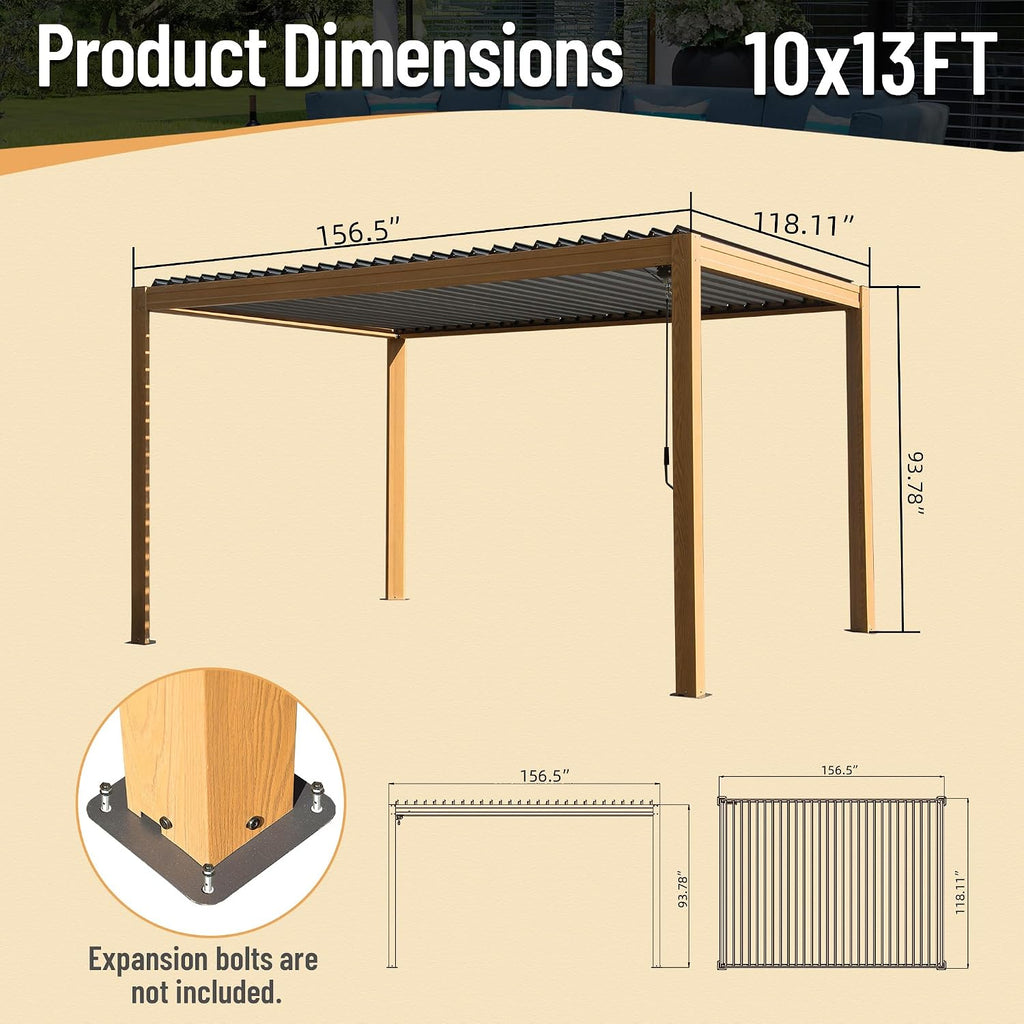 Domi Outdoor Pergola 10' x 13' Aluminum Louvered Pergola with Adjustable Roof, Wood Grain Aluminum Frame, Efficient Drainage System for Patio, Deck, Garden