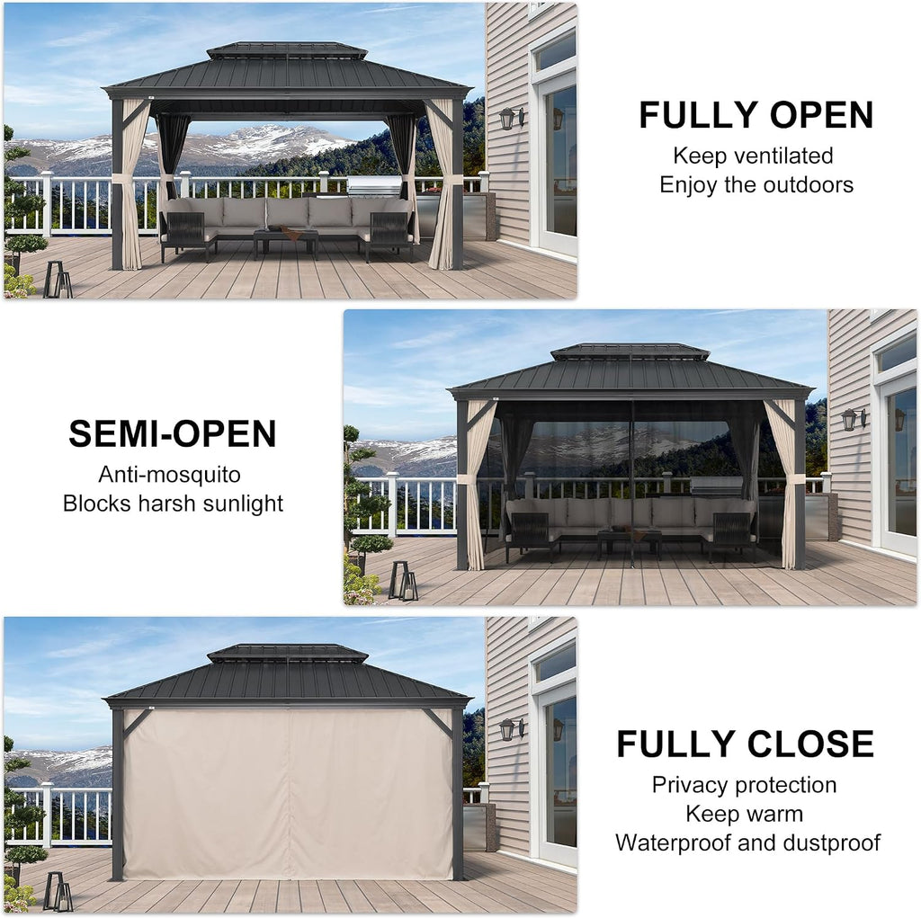 PURPLE LEAF 10' X 14' Aluminum Gazebo with Galvanized Steel Double Roof Permanent Hardtop Gazebo for Patio Lawn and Garden Included Netting and Beige Curtains
