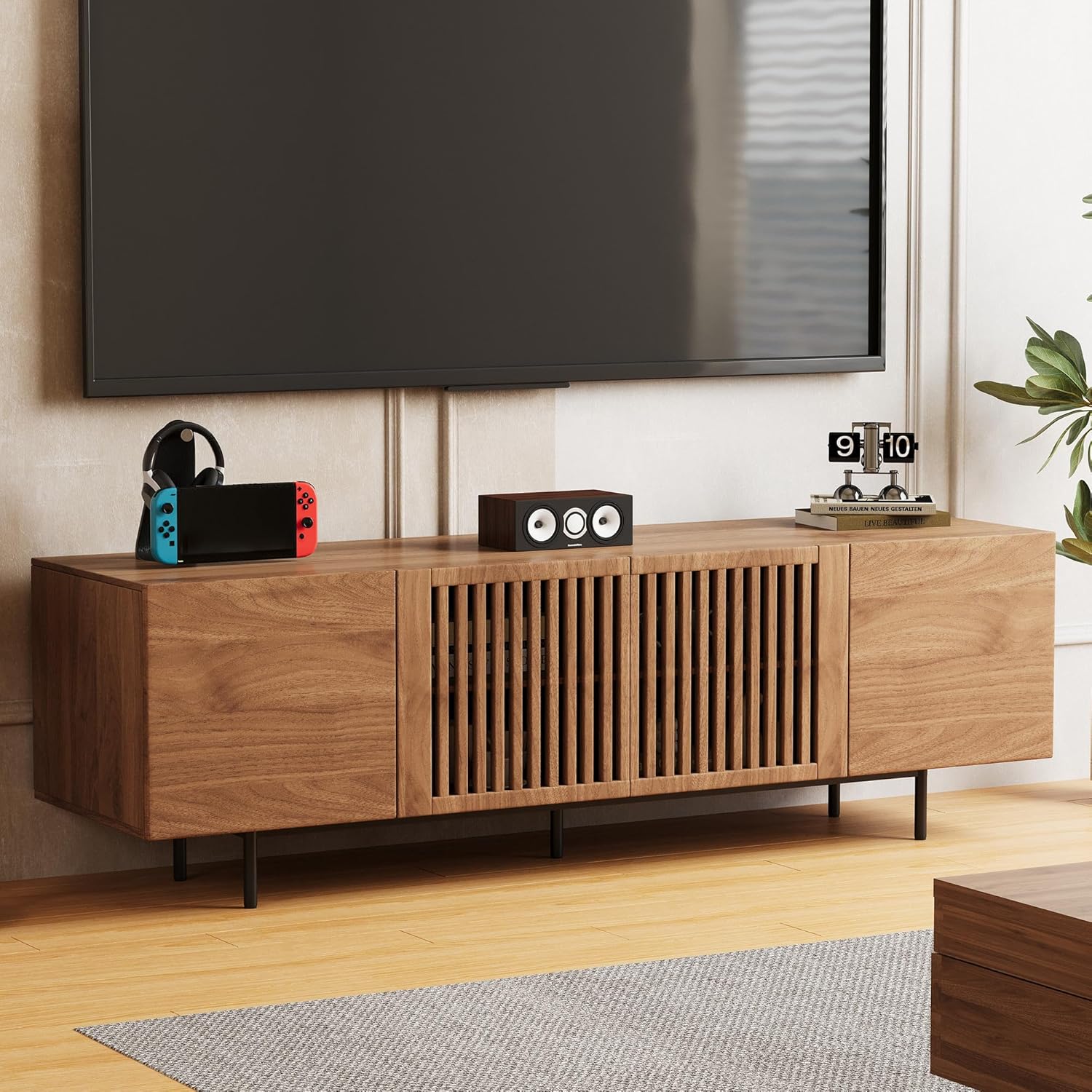 70.87' Mid Century Modern TV Stand, Walnut Media Console for 70 Inch TVs, Entertainment Cabinet with 4 Storage Compartments for Living Room or Bedroom