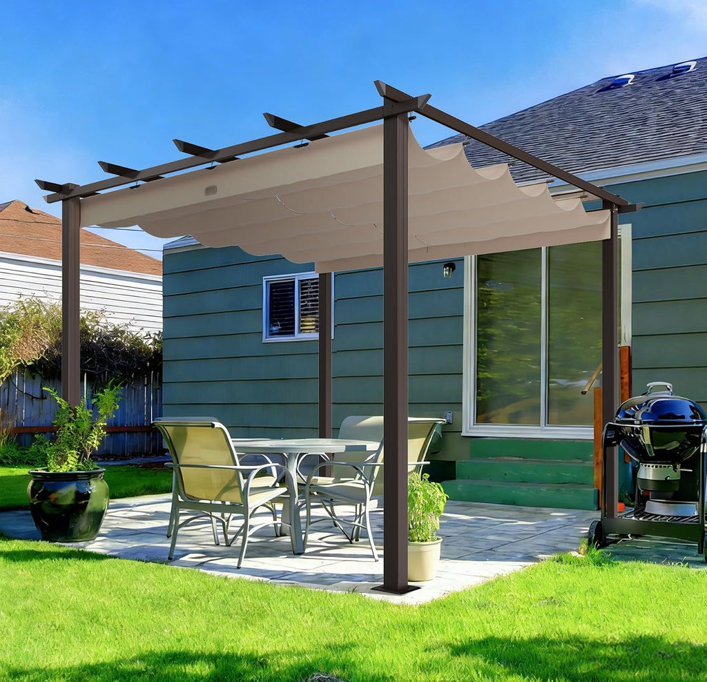 HAPPATIO 10' X 10' Retractable Pergola with Sun Shade Canopy, Patio Aluminum Frame Shelter for Backyards, Gardens, Porch, Includes Ground Studs and Expansion Screws (Brown)