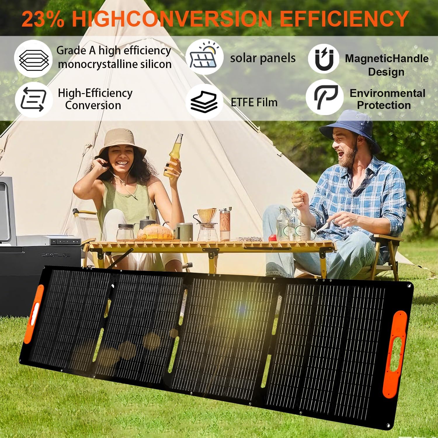 200W Portable Solar Panel for Power Station,25V Foldable Solar Panel Charger with Kickstand,Dual USB & Type-C Output,>23% High Efficiency IP65 Waterproof for Camping,Hiking,RV Trips