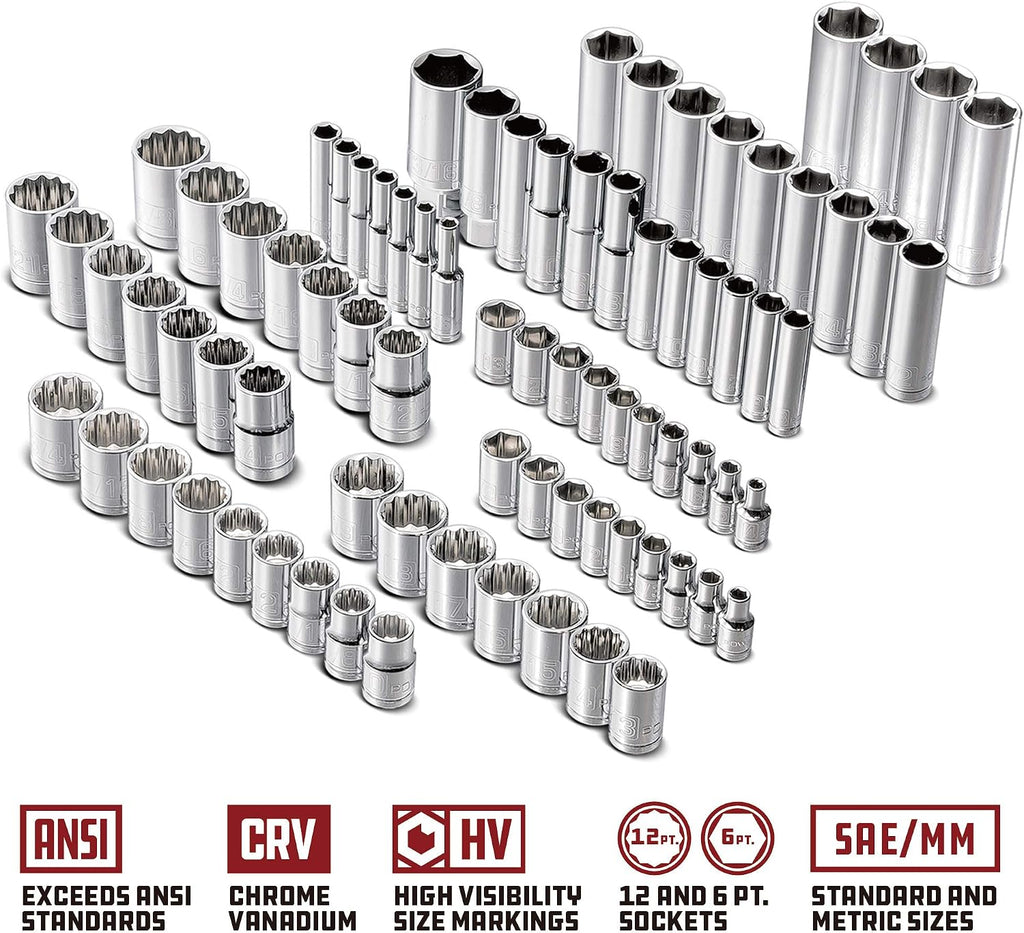 Powerbuilt 200 Piece 1/4-inch, 3/8-inch, and 1/2-inch Drive Mechanics Tool Set - with SAE and Metric Socket Set, Powerbuilt XT 90 Tooth Seal-Head Ratchets, including Case - 642472