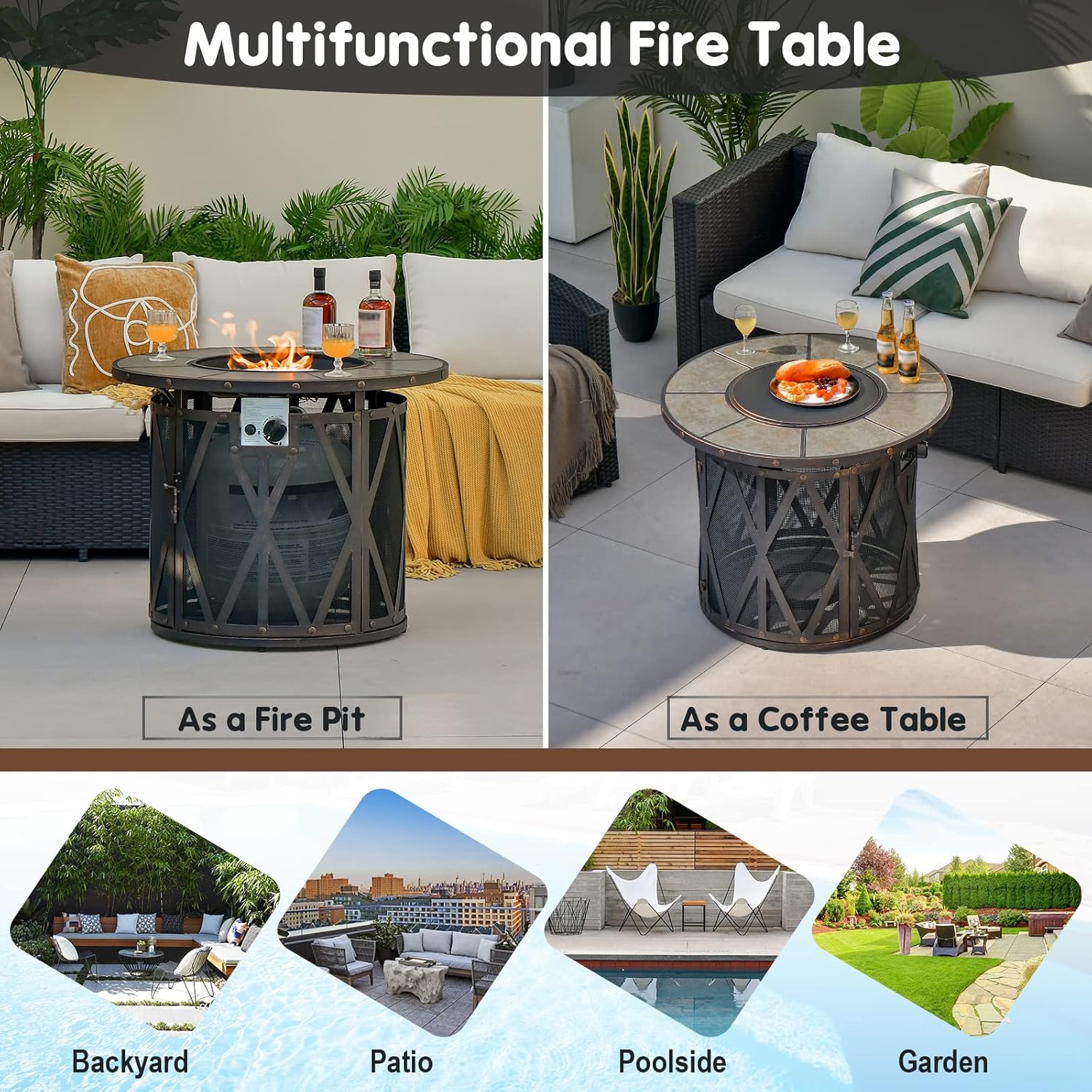 Tangkula 32 Inch Patio Round Fire Pit Table, Patiojoy 30,000 BTU Propane Gas Fire Table with Fire Glasses & PVC Cover, Ceramic Tile Tabletop, Outdoor Fire Table for Backyard, Poolside