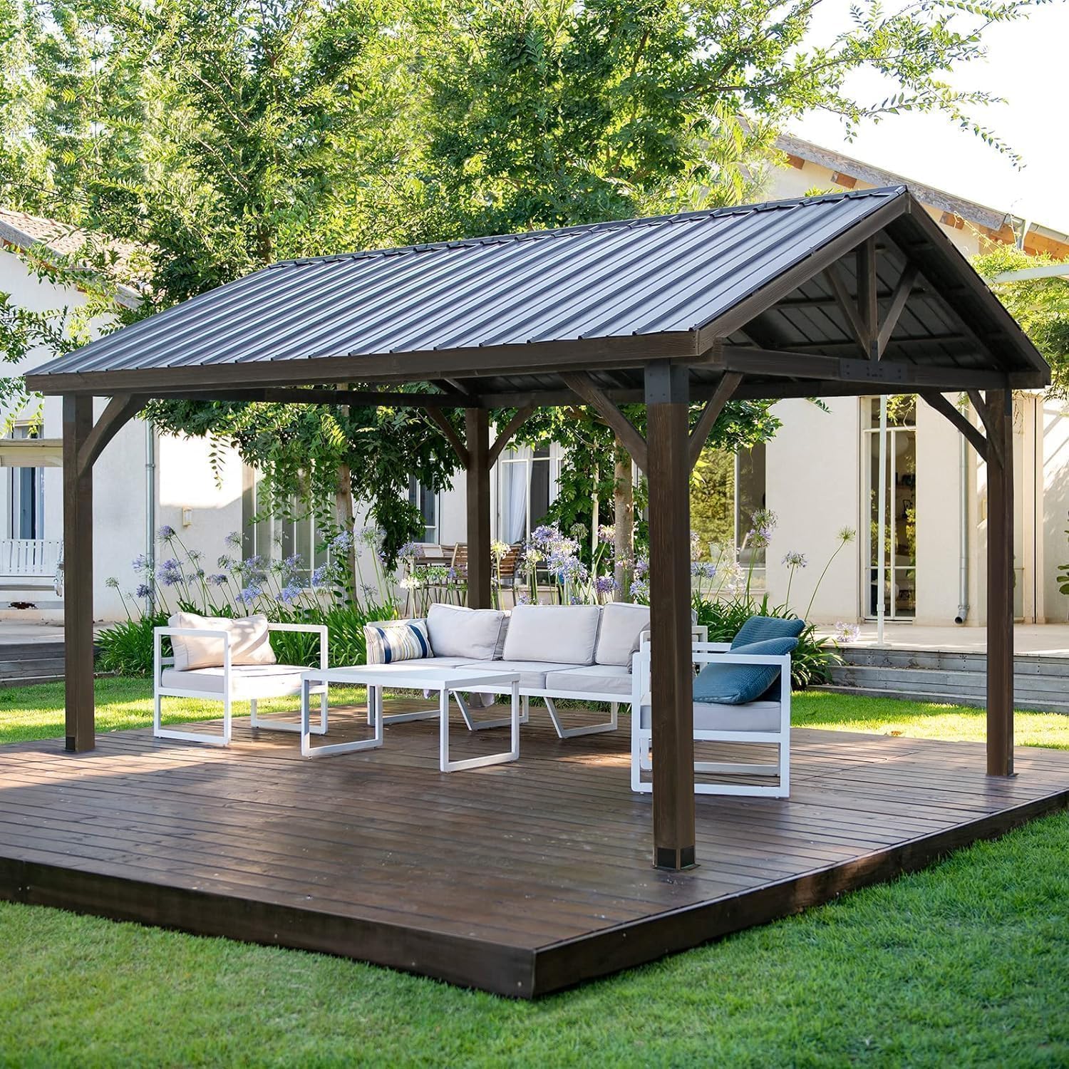 U-MAX 14' x 12' Wood Gazebo on Clearance Pergolas and Gazebos Clearance with Thermal Insulated Polycarbonate Pyramid Hip Roof for Backyard Deck Garden and Patio Dark Brown Roof