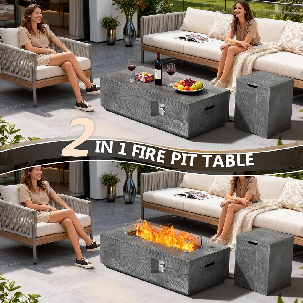 Dineli 2-Piece Outdoor Propane Fire Pit Table Set w Tank Table 42'' Rectangular Firepit with 50,000 BTU Output Gas Fire Pits for Outside Patio Fire Table Tabletop Fire Pits, Gray - Wood Grain