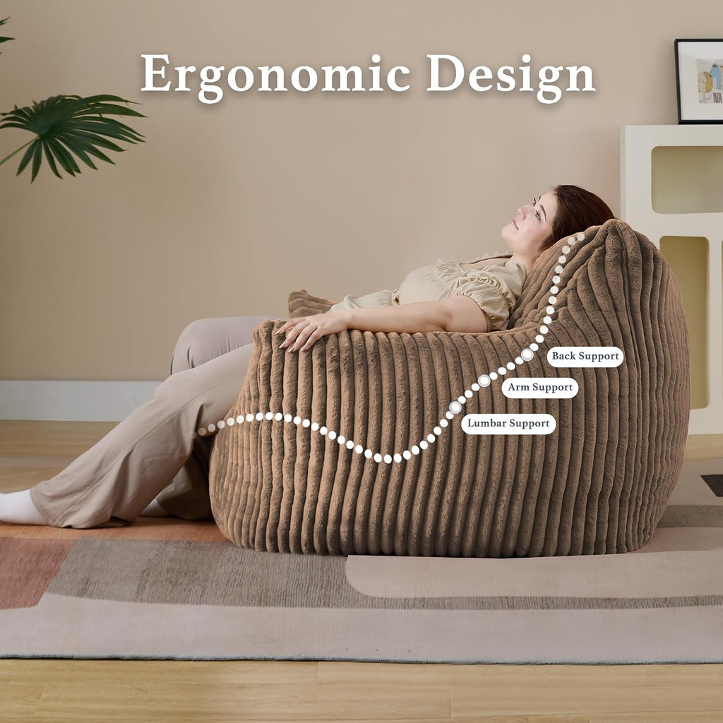 Giant Plush Bean Bag Chair for Adults with Armrests - Oversized Comfy Khaki Beanbag Lounge Lazy Floor Sofa Chair for Living Room, Bedroom & Dorm, Cozy Fluffy Single Cloud Mini Couch