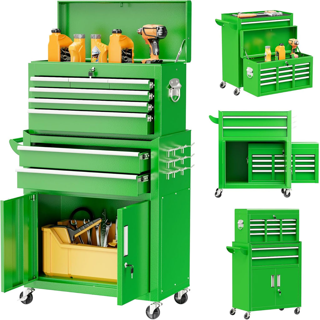 Bonusall 8 Drawer Rolling Tool Chest and Cabinet Combo,Heavy-Duty Metal Garage Tool Chest with Wheels and 2 Doors,2-in-1 Top Box and Roller Cabinet Combo for Garage, Workshop, Warehouse-Green