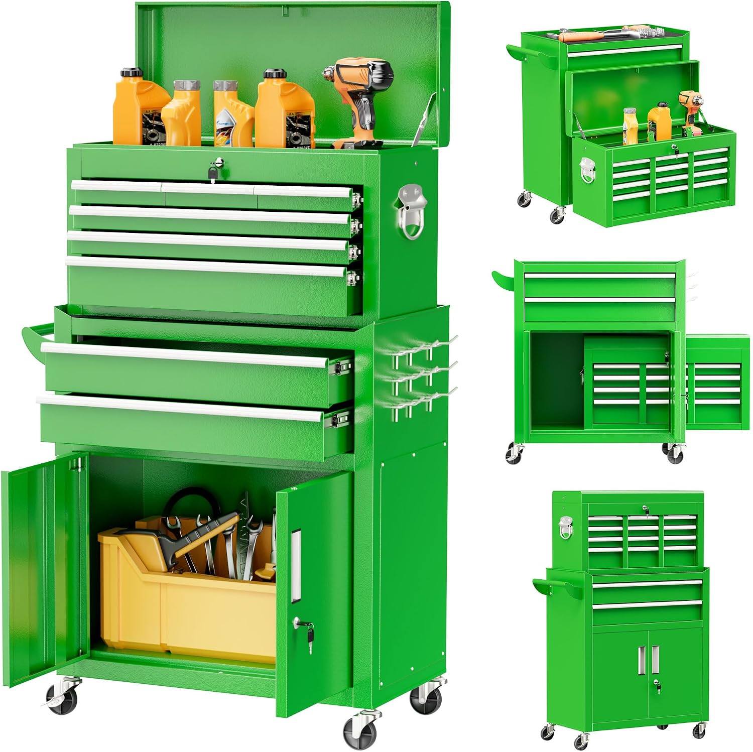 Bonusall 8 Drawer Rolling Tool Chest and Cabinet Combo,Heavy-Duty Metal Garage Tool Chest with Wheels and 2 Doors,2-in-1 Top Box and Roller Cabinet Combo for Garage, Workshop, Warehouse-Green