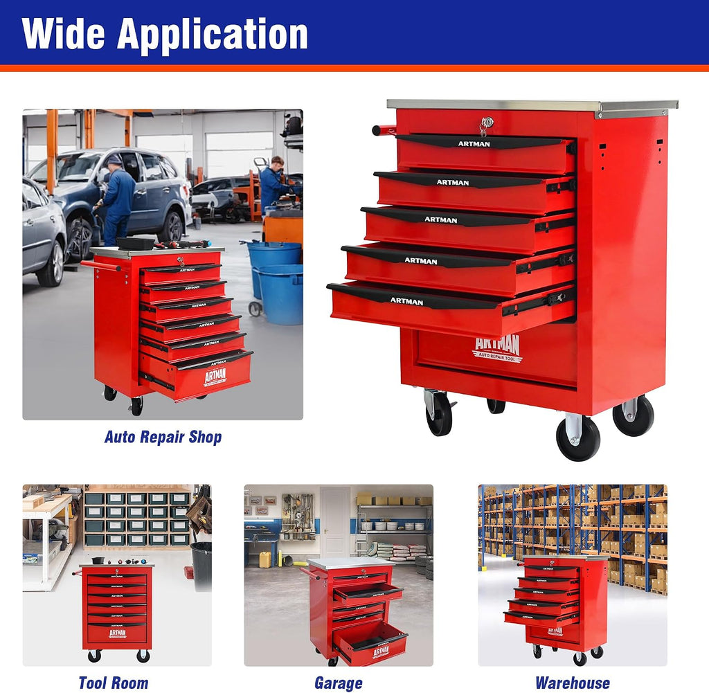 6 Drawers Rolling Tool Box on Wheels, Stainless Steel Countertop Tool Chest Cabinet with Lock, Drawers Rolling Tool Cart Trolley Organizer Tool Case for Garage,Warehouse (Red)