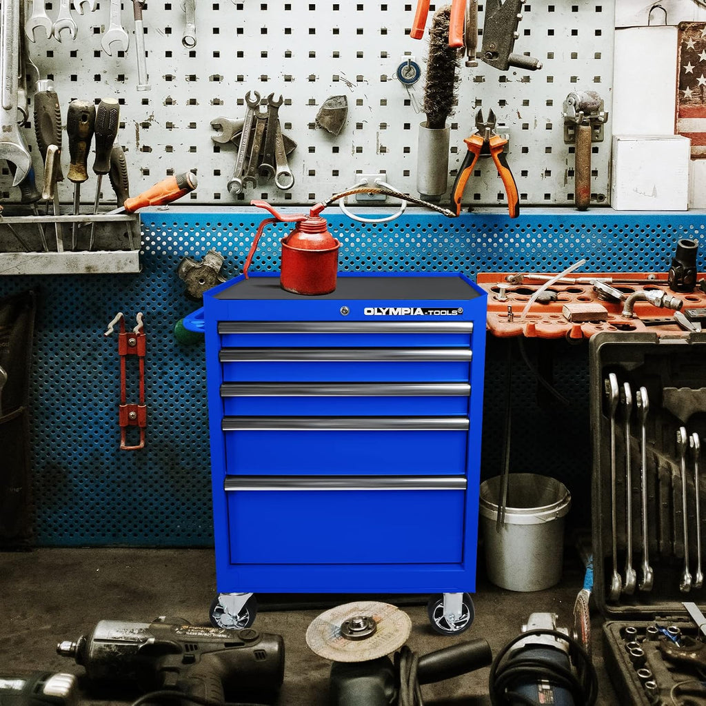 Olympia Tools 5-Drawer Tool Chest, 27-Inch Rolling Metal Tool Storage Cabinet with Casters, Locking System, Drawer Liner, 600 lbs Load Capacity, Blue
