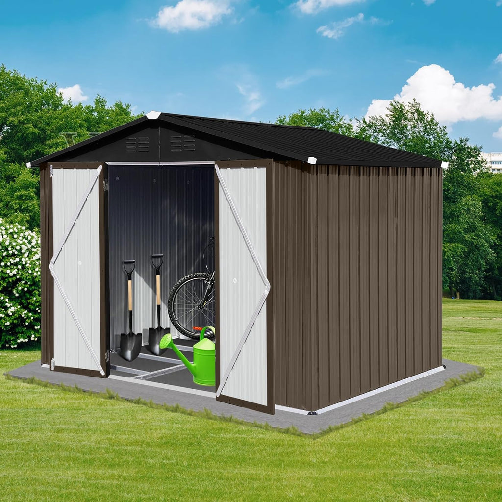 8 x 6 FT Metal Storage Shed, Outdoor Storage Shed with Lockable Door & Apex Roof, Hinged Door for Garden, Backyard, Lawn, and Utility Shelter, Shutter Vents, Weather-Resistant, Brown and Black