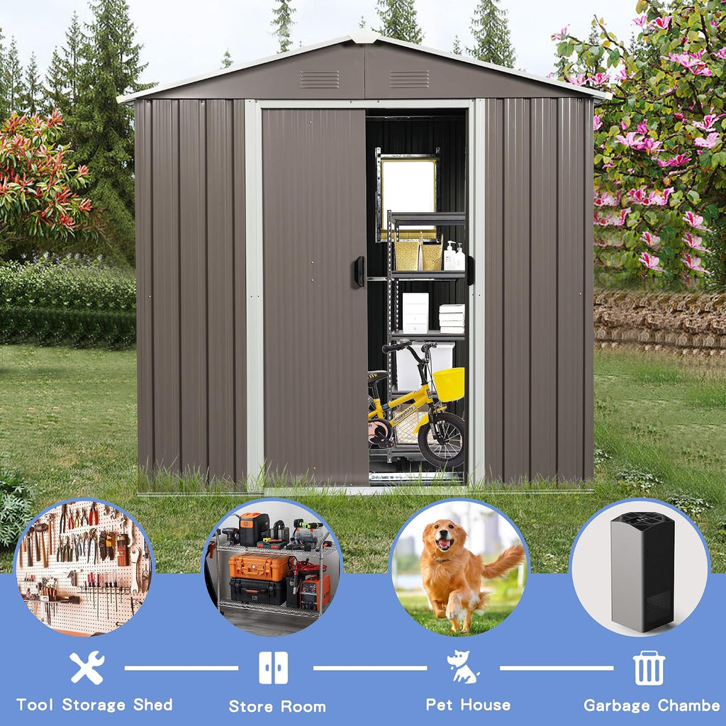 Shed with Windows,Large Metal Outdoor Storage Shed, Lockable Tool Storage shed, Steel Garden shed, Suitable for Backyard, Terrace, and Poolside (Grey, 8FTx4FT)