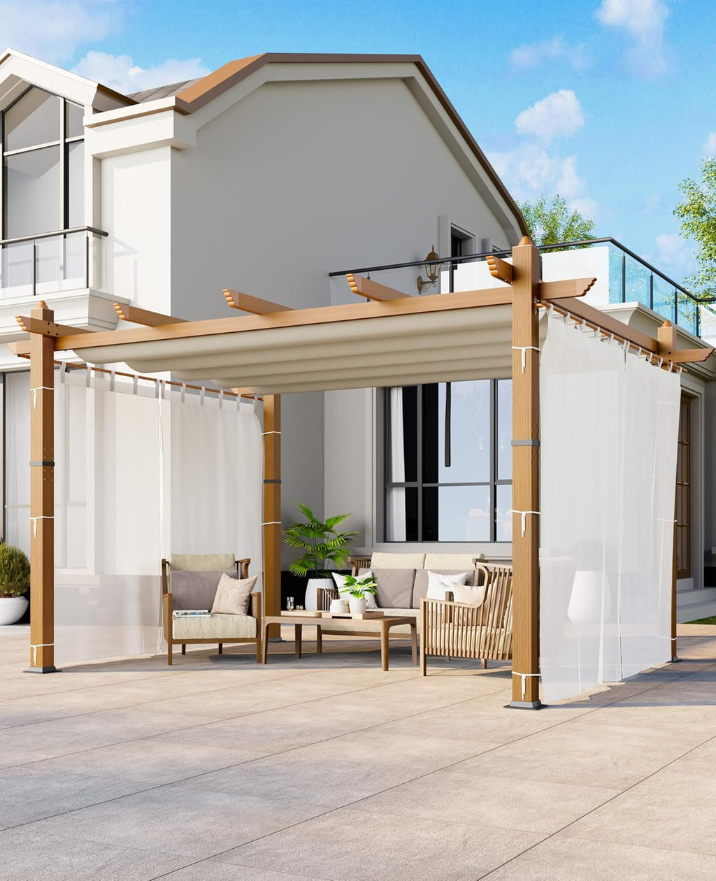 10x13 Ft Retractable Outdoor Pergola with Canopy and Side Mesh, Upgraded Wood-Grain Aluminum Pergola, Modern Pavilion for Backyard, Patio, Porch, Grape Trellis, Beige+White