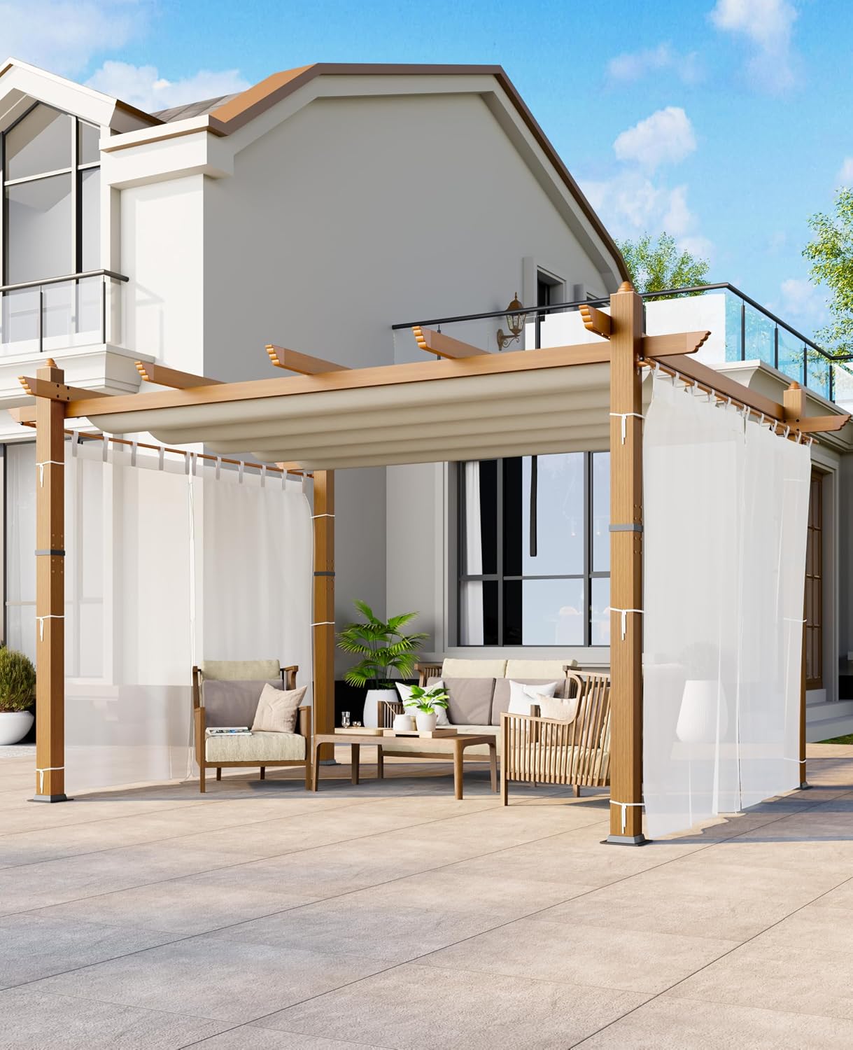 10x13 Ft Retractable Outdoor Pergola with Canopy and Side Mesh, Upgraded Wood-Grain Aluminum Pergola, Modern Pavilion for Backyard, Patio, Porch, Grape Trellis, Beige+White