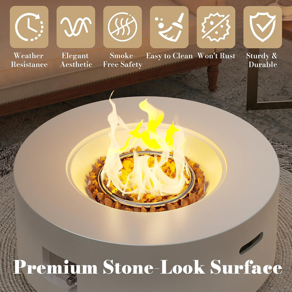 32.5 Inch Propane Fire Pit Table, 50,000 BTU Round Patio Fire Pit Table Outdoor, CSA Certified, Stainless Burner with Steel Lid, Waterproof Cover & Lava Rocks, for Garden Backyard, White
