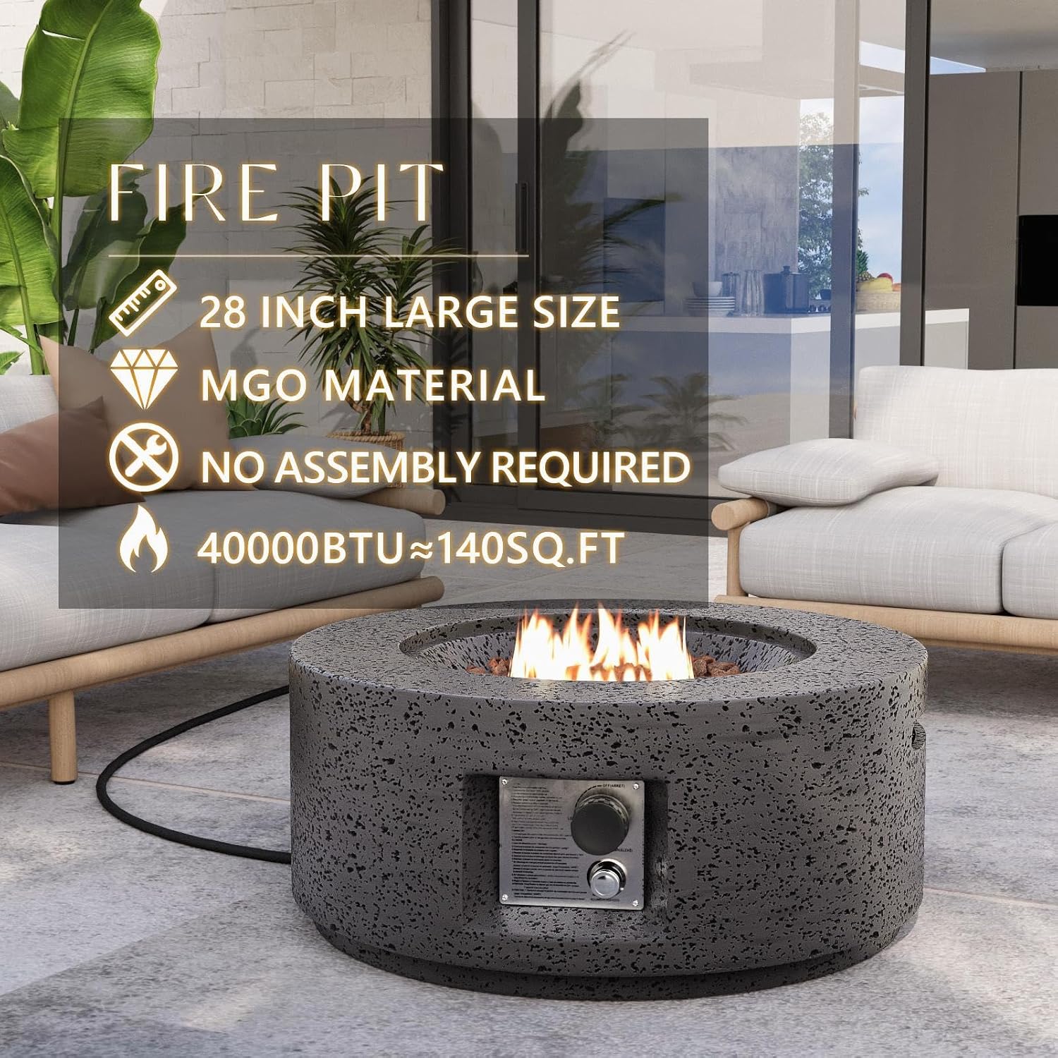 SUNBURY Outdoor Travertine Fire Pit Table, 28 inches Round Propane Gas Patio Fire Pit 40,000 BTU Concrete, Circular Base Small Firepit with Lava Rocks, Waterproof Cover (Grey)