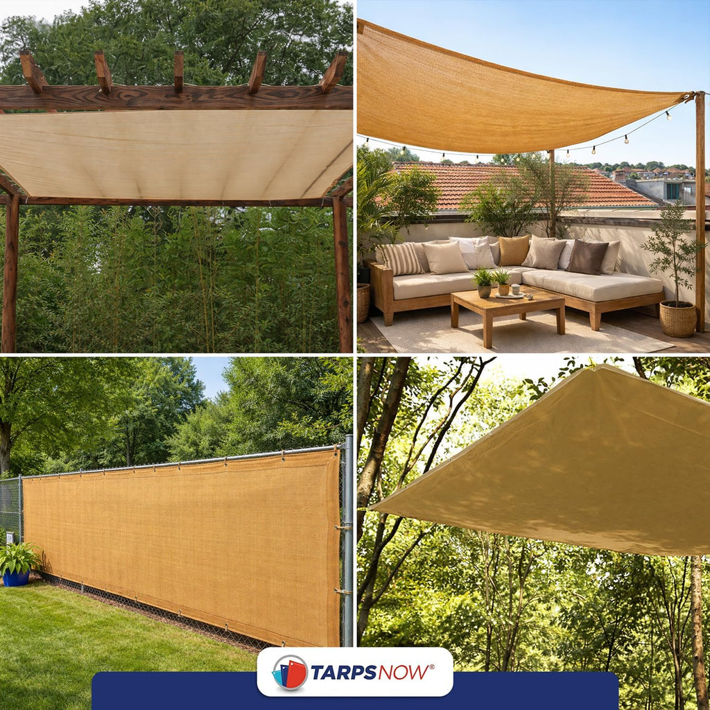 Tarps Now 16' x 20' Tan Mesh Tarp Heavy Duty - 6.8 oz Knitted HDPE - 75% Shade Cloth for Garden, Backyard, Patios - Brass Grommets - UV Resistant Breathable Privacy Screen, Sun Shades Outdoor Patio