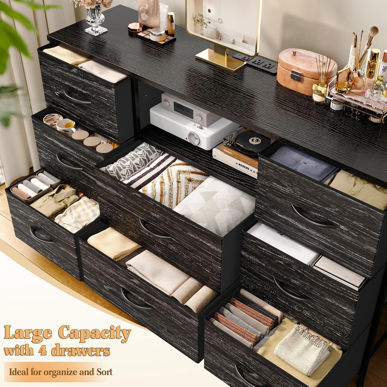 EnHomee Black Dresser for Bedroom with Charging Station, 8 Drawers Dressers & 55 inch TV Stand for Bedroom, Fabric Chest of Drawers with Open Shelves, Sturdy Dresser for Living Room, Hallway