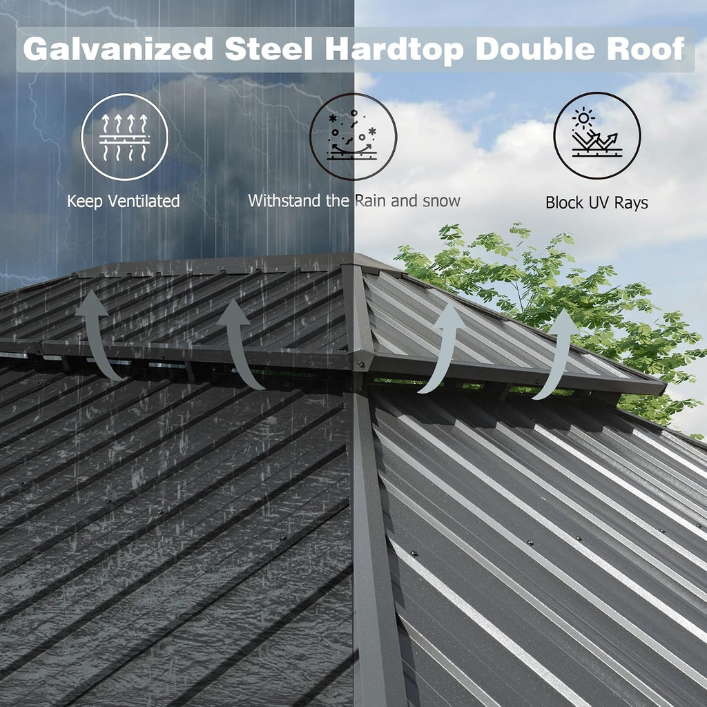 10' x 12' Hardtop Gazebo, Outdoor Aluminum Gazebo with Galvanized Steel Double Roof Canopy, Outdoor Permanent Metal Pavilion with Curtains and Netting for Patio, Backyard and Lawn, Dark Grey