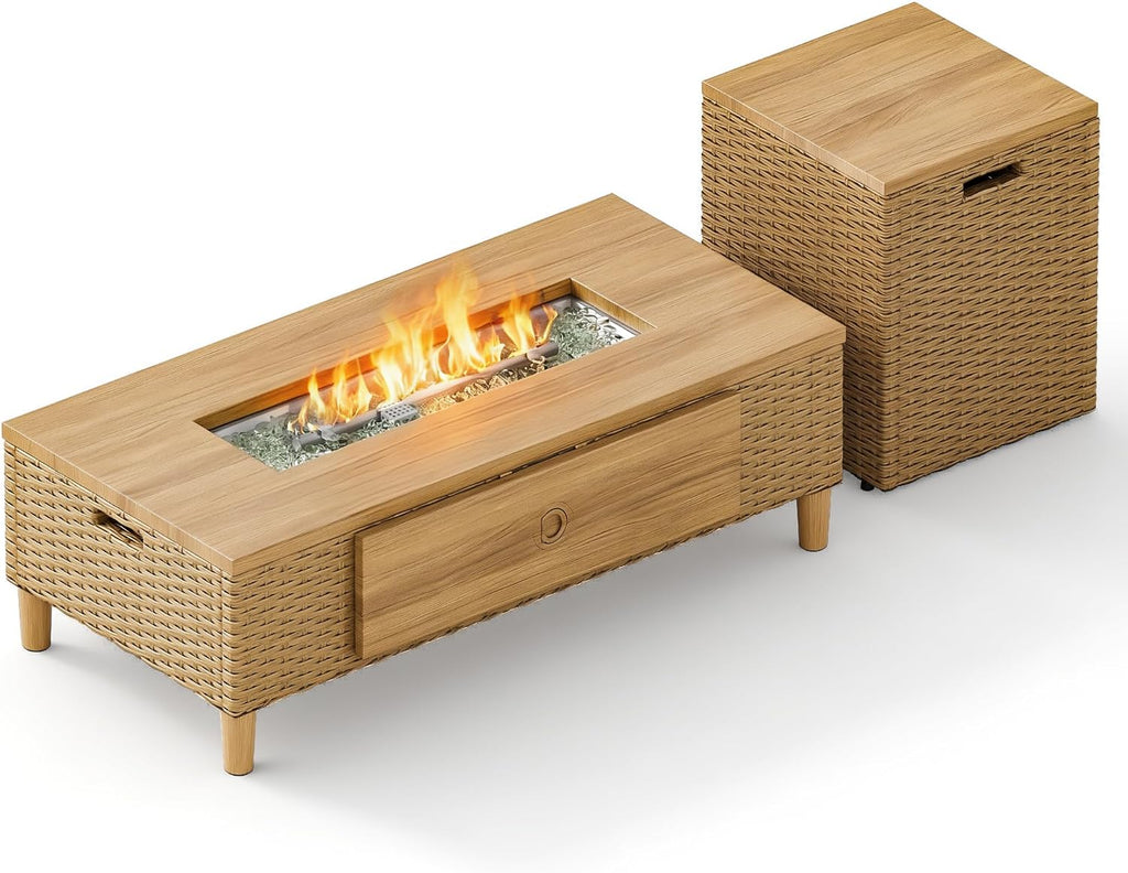 Sophia & William 42 Inch Outdoor Propane Gas Fire Pit Table Patio Rattan Rectangular Fire Table with Tank Cover Table, 50,000 BTU Firepit Table for Outside Patio with Fire Glass, Lid