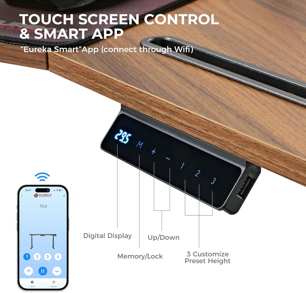 EUREKA ERGONOMIC Standing Gaming Desk with Dual Motor,63' Wing Shaped Computer Desk w Mouse Pad, Electric Adjustable Height Table w LED Monitor Stands,Slot Design,Walnut