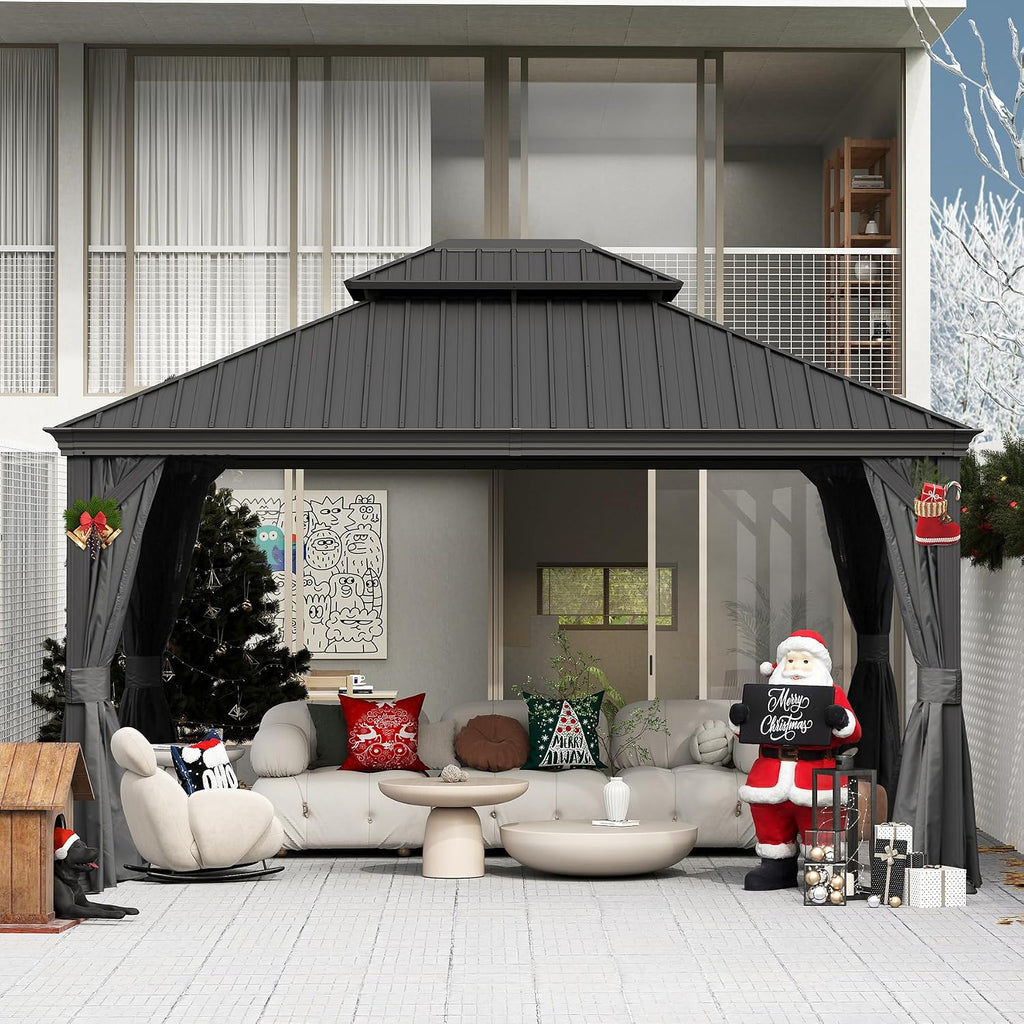 Domi 10x12FT Hardtop Gazebo, Outdoor Gazebo with Double Galvanized Steel Roof, Metal Pavilion Shelter for Patio, Lawn and Garden, Detachable Curtain and Netting Included, Gray