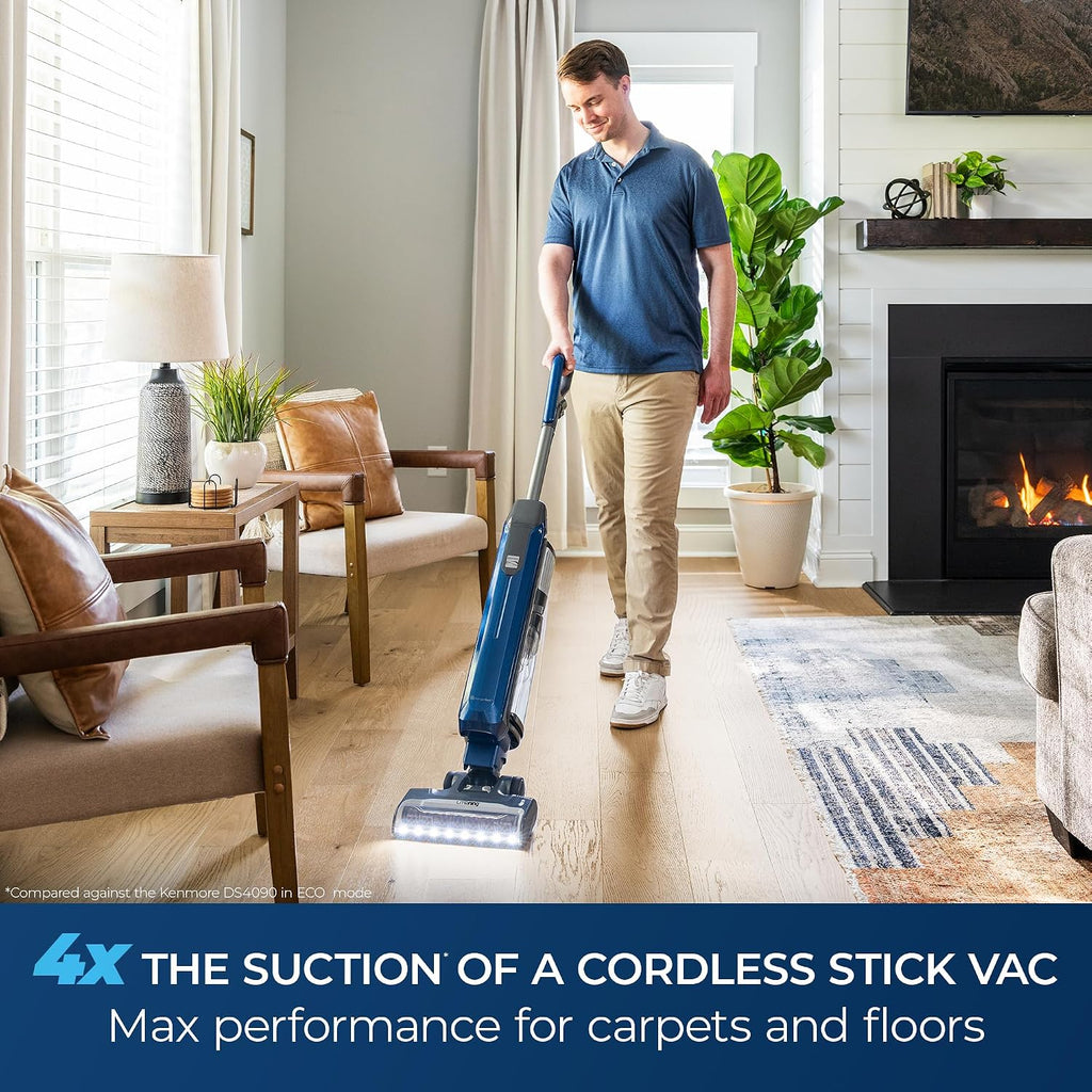 Kenmore CU5001 Litening Cordless Upright Vacuum with Lift-Up & Hair Eliminator Nozzle, Brushless Motor, HEPA Filter & LED Display for Low-Pile Carpets, Rugs, Hard Floors & Pets, Blue