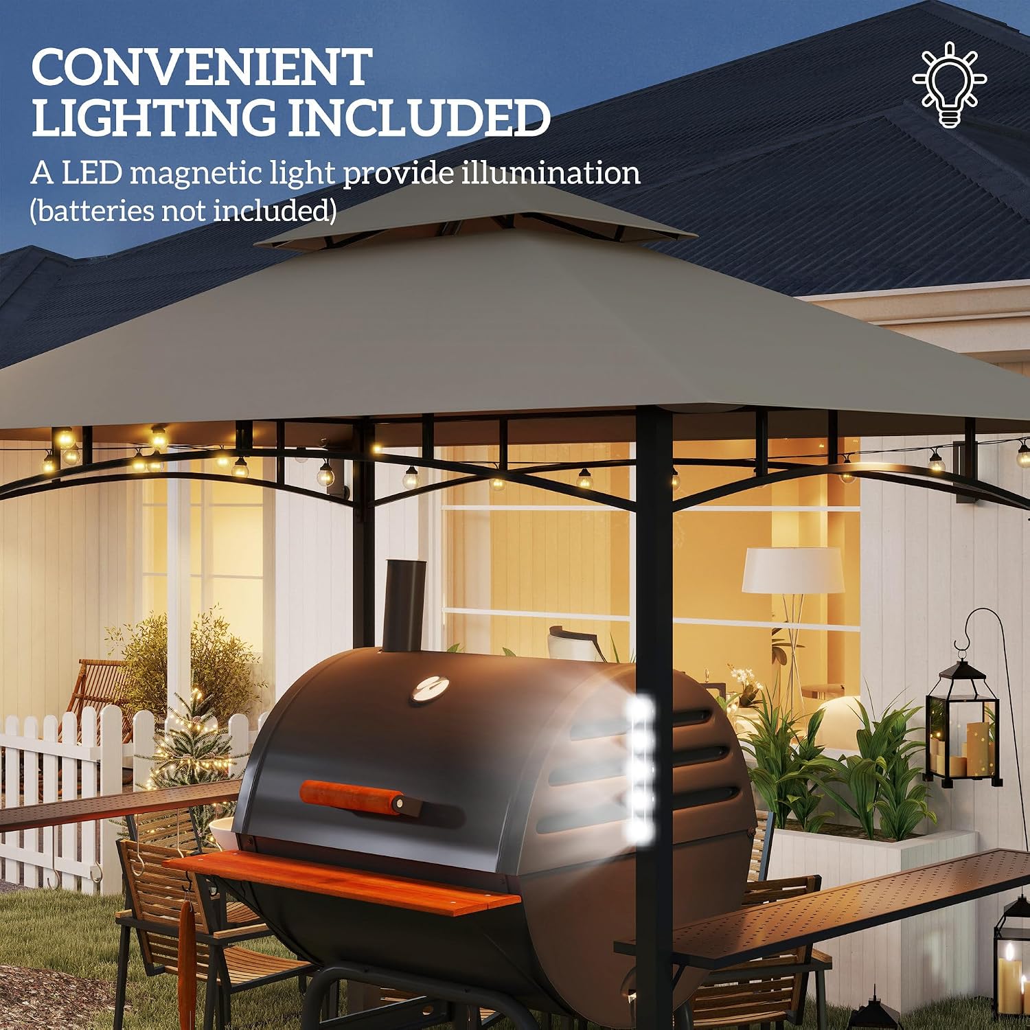 Outsunny 8' x 5' Grill Gazebo, Double Tiered Outdoor BBQ Gazebo with LED Light, 2 Side Shelves, Hooks and Bottle Opener for Patio Deck Yard, Khaki