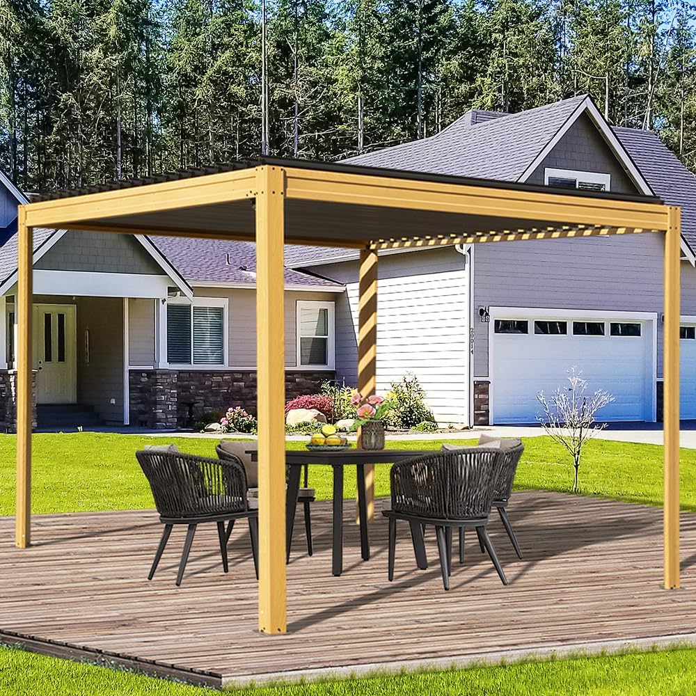 Domi Outdoor Pergola 10' x 10' Aluminum Louvered Pergola with Adjustable Roof, Wood Grain Aluminum Frame, Efficient Drainage System for Patio, Deck, Garden