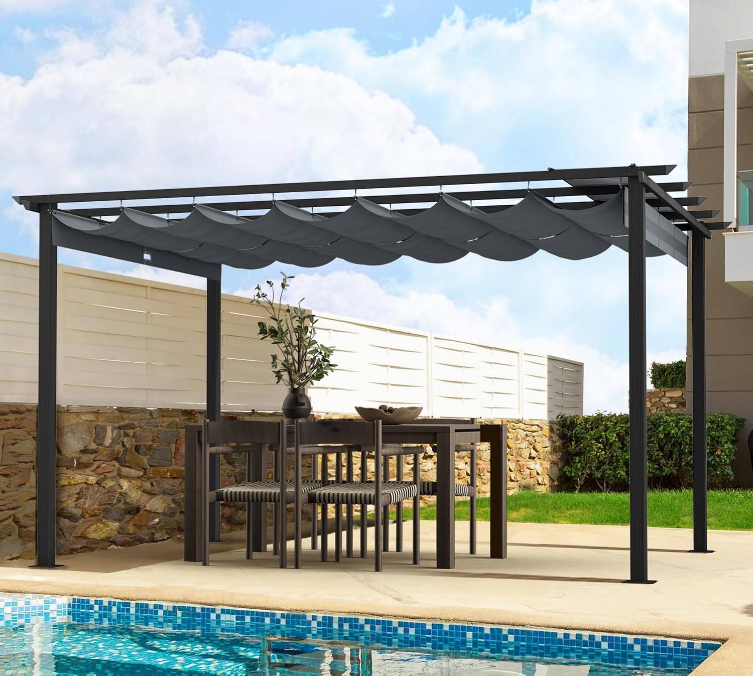 HAPPATIO 10' X 13' Retractable Pergola with Sun Shade Canopy, Patio Aluminum Frame Shelter for Backyards, Gardens, Porch, Includes Ground Studs and Expansion Screws (Grey)