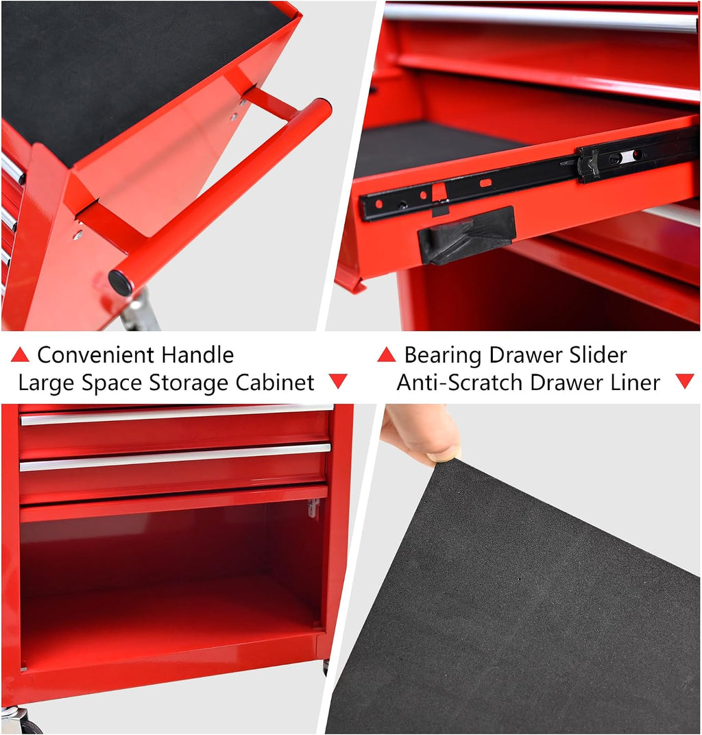 4 Drawers Rolling Tool Chest Cart. Tool Storage Cabinet with 4 Wheels.Tool Cabinet Trolley with Locking System and Drawer Liners.Tool Storage Cart for Garage,Workshop. 24.4' Toolbox Cart(red