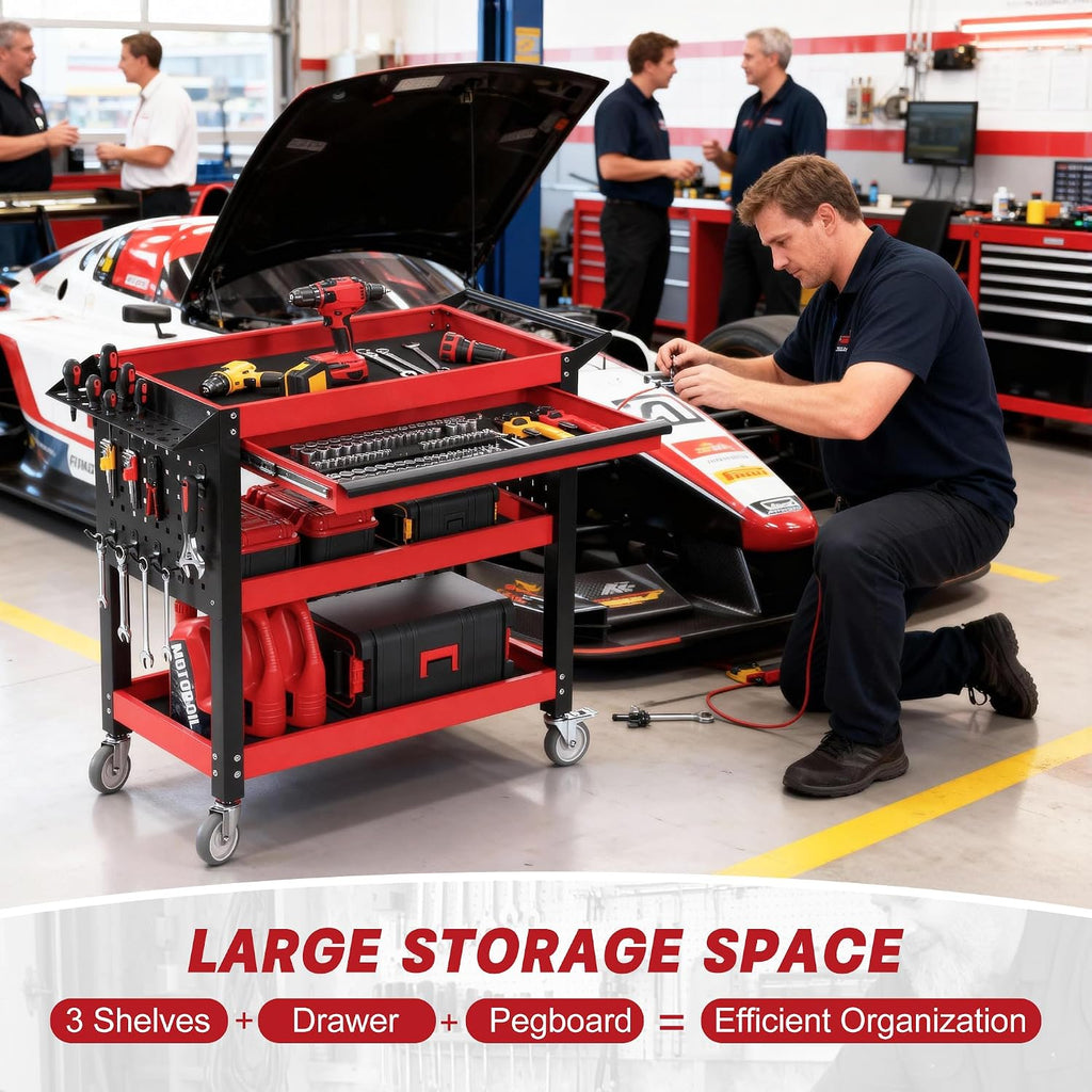 3 Tier Tool Cart on Wheels, Heavy Duty Metal Rolling with Drawers and Pegboards, 660 LBS Load Capacity Tool Storage Cart, Industrial Utility for Garage, Warehouse, Workshop