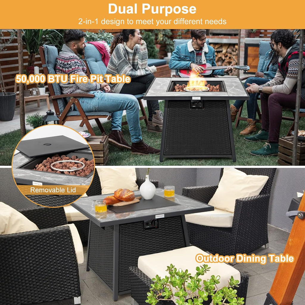 Tangkula 35 Inch Rattan Propane Gas Fire Pit Table, Patiojoy 50,000 BTU Outdoor Wicker Patio Propane Fire Pit w/Lid, Lava Rocks and PVC Cover, Auto-Ignition Square Firepit Table with Marble Tabletop
