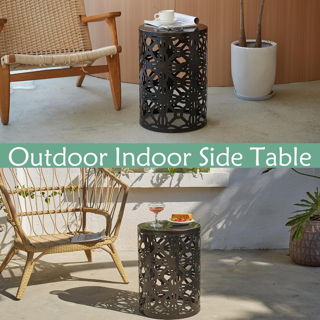 Y&M Set of 3 End Tables, Nesting Metal Round Coffee Table, Heavy Duty Metal Plant Stand Garden Stool, Outdoor Multifunctional Use Black with Bronze (Ship from US)
