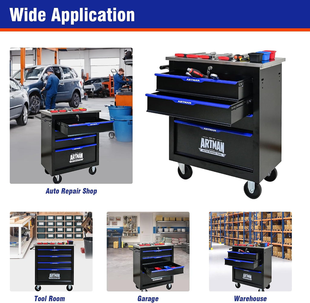4 Drawers Rolling Tool Box on Wheels, Stainless Steel Countertop Multifunctional Tool Chest Cabinet with Lock, Drawers Rolling Tool Cart Trolley Organizer Tool Storage Case for Garage,Warehouse