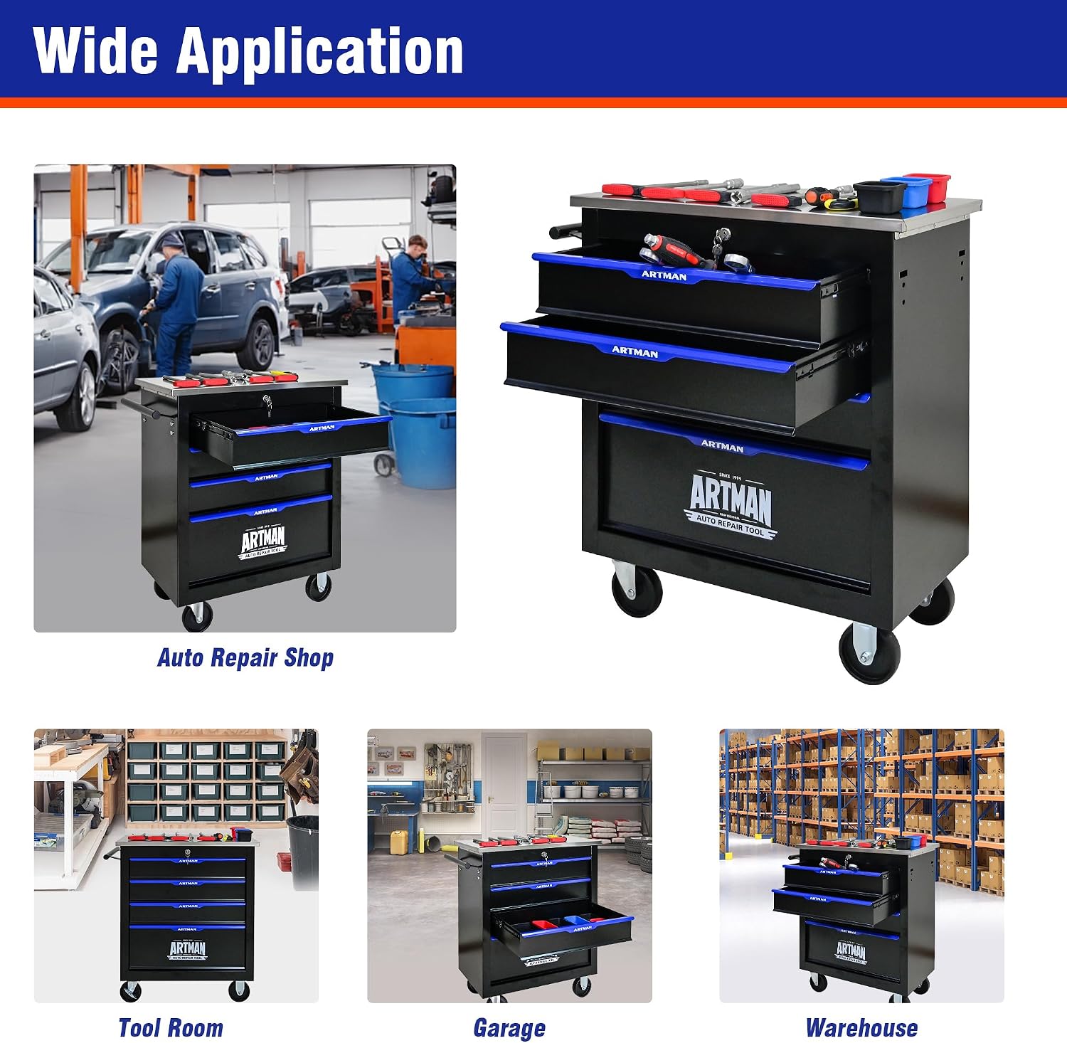 4 Drawers Rolling Tool Box on Wheels, Stainless Steel Countertop Multifunctional Tool Chest Cabinet with Lock, Drawers Rolling Tool Cart Trolley Organizer Tool Storage Case for Garage,Warehouse