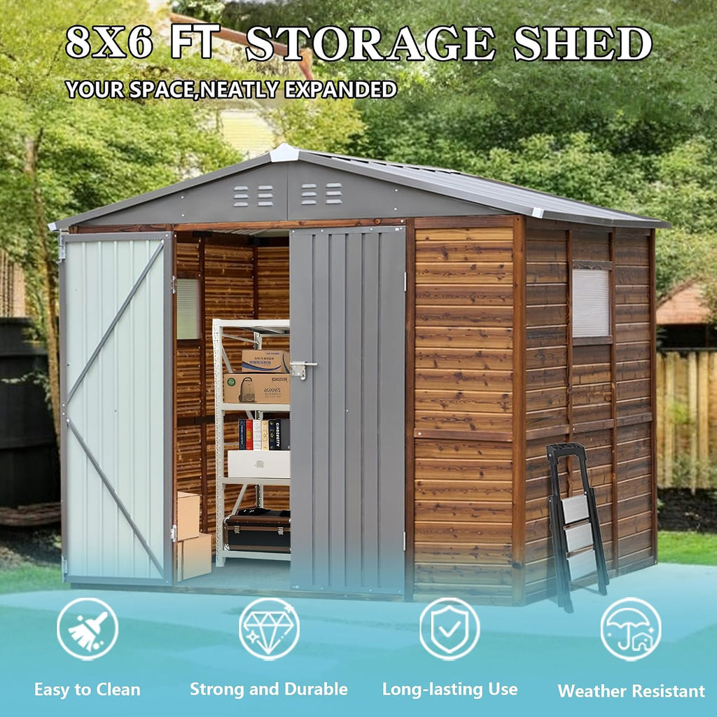 6x8 FT Outdoor Tool Shed, Wood-Iron Combination Storage Shed with Ventilation, Weather-Resistant Roof, Lockable Doors & Wood Grain Finish for Backyard and Garden