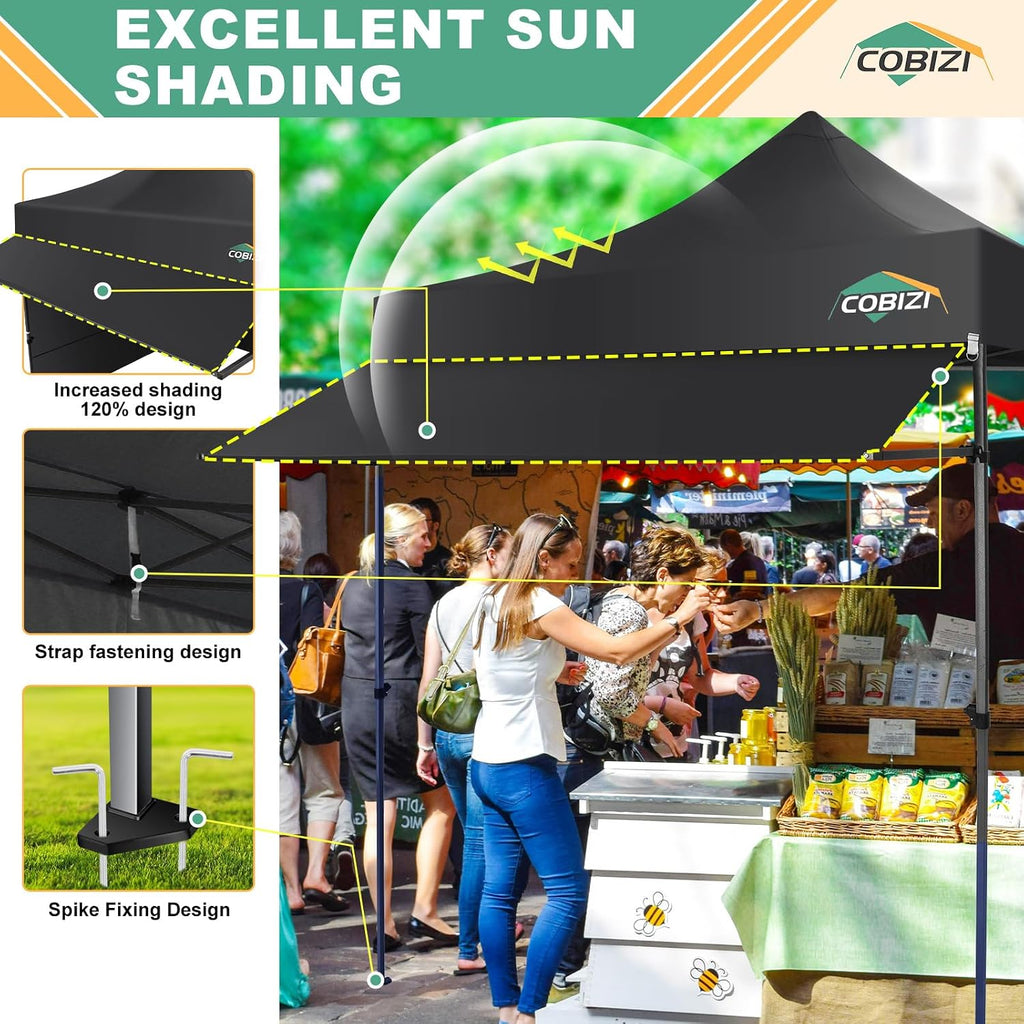 COBIZI 10x10 Pop Up Canopy Tent with Awning & Sidewalls, Heavy Duty Commercial 10X10 Canopy Tents Instant Waterproof, UPF 50+ Sun Shade for Outdoor, Parties, Markets (Black)