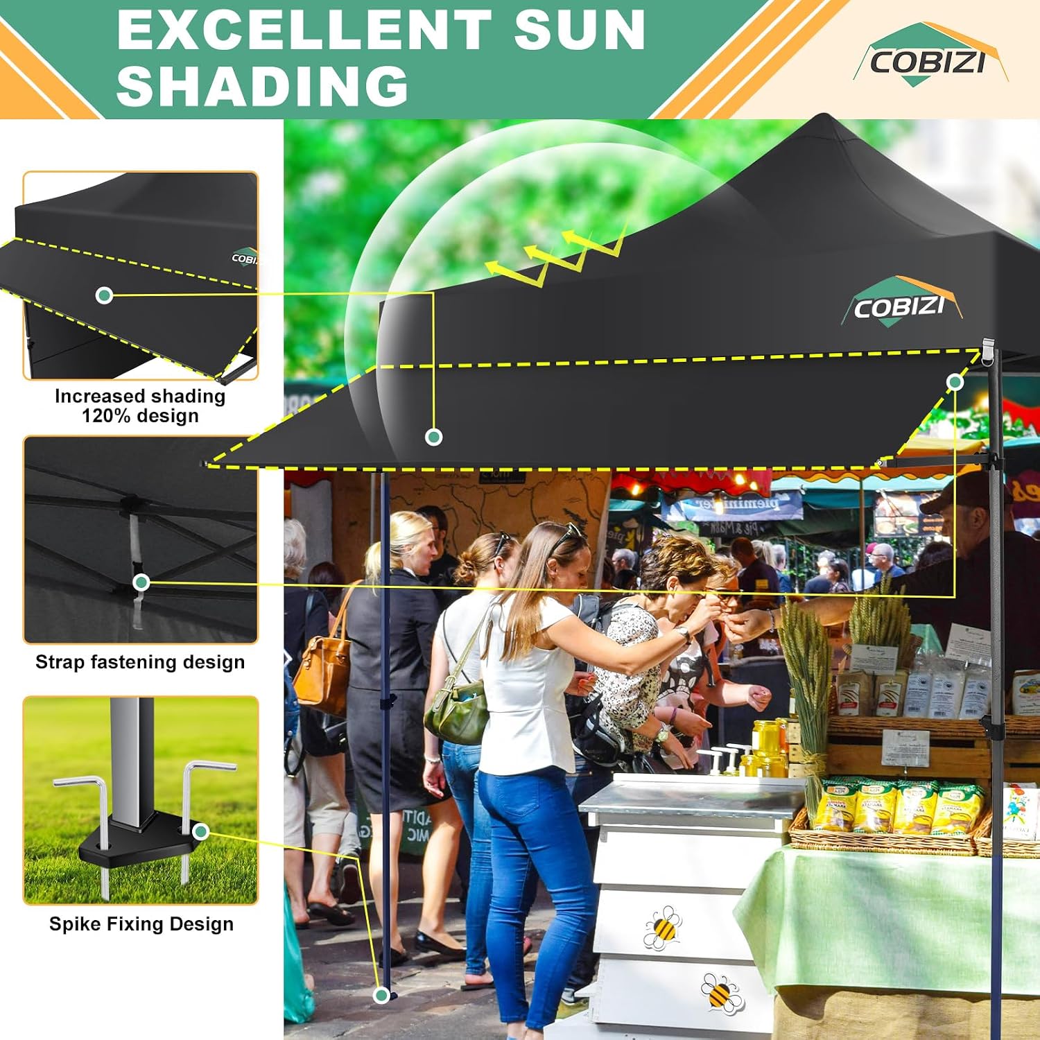 COBIZI 10x10 Pop Up Canopy Tent with Awning & Sidewalls, Heavy Duty Commercial 10X10 Canopy Tents Instant Waterproof, UPF 50+ Sun Shade for Outdoor, Parties, Markets (Black)
