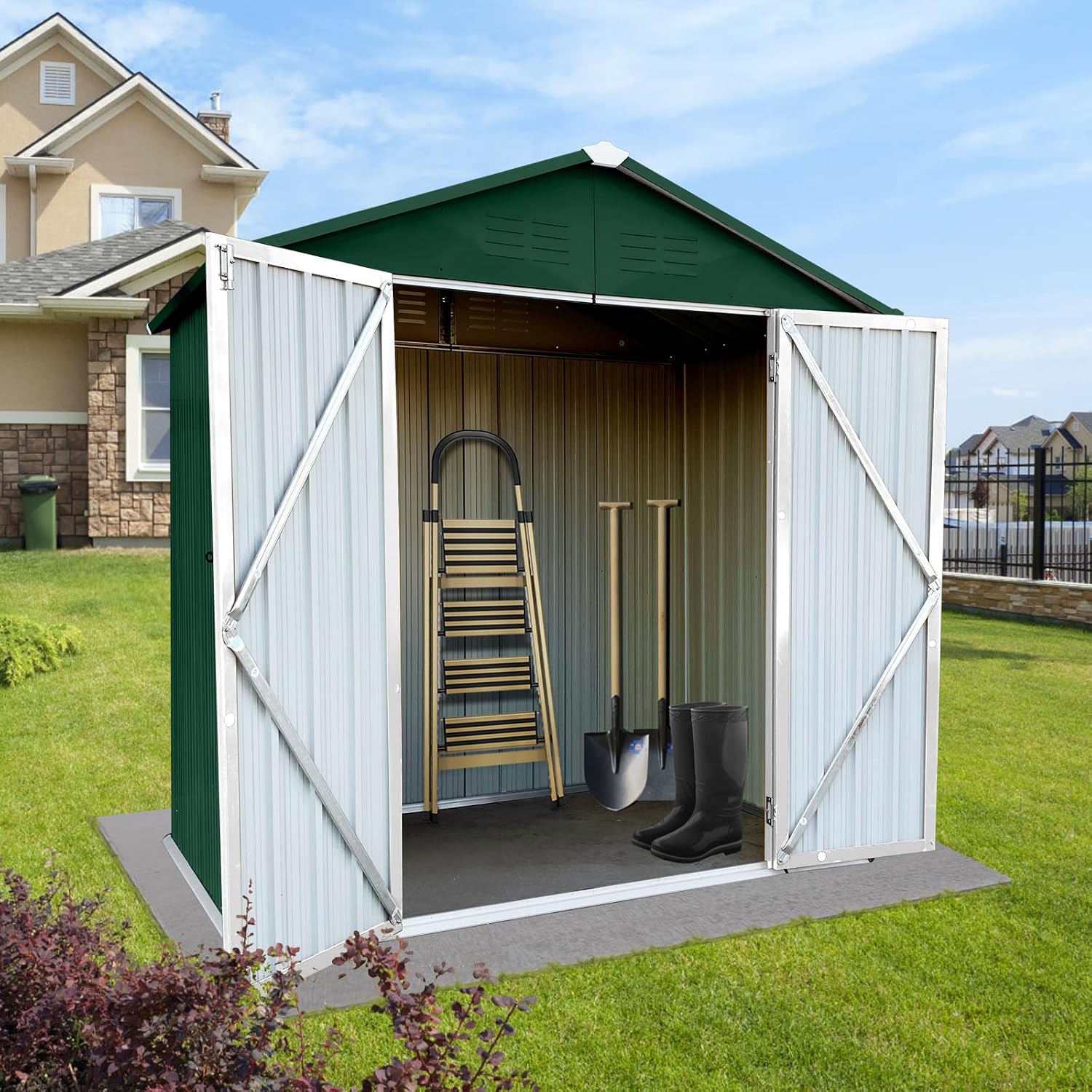 6 x 4 FT Metal Storage Shed, Outdoor Storage Shed with Lockable Door & Apex Roof, Durable Hinged Door for Garden, Backyard, Lawn, and Utility Storage, Shutter Vents, Weather-Resistant, Green and White
