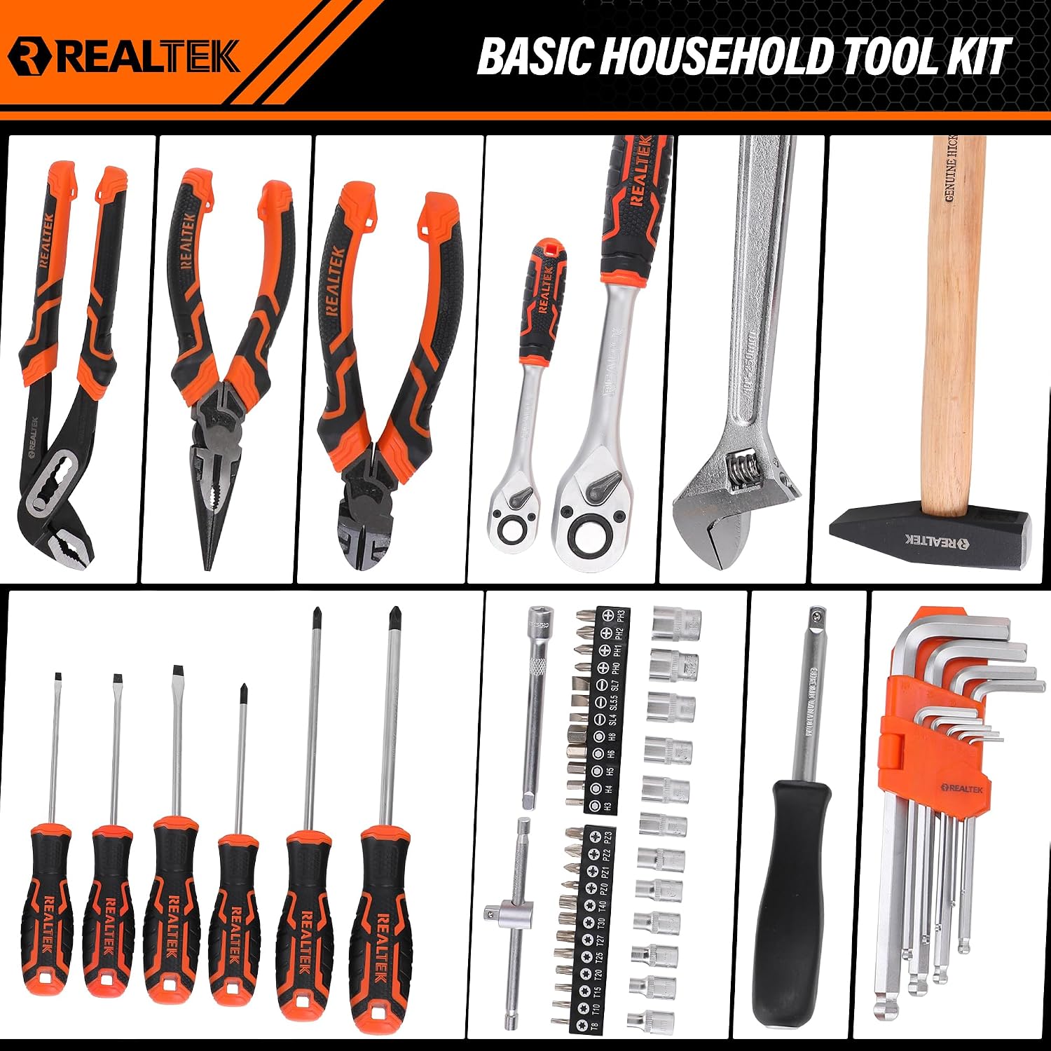 REALTEK 100 Piece Mechanic Tool Set, Car Tool Kit, Cr-V Socket Wrench Auto Repair Kit Includes Socket Accessories, Pliers, Heavy Hammer, Screw Drivers, General Households Tools with Larger Case