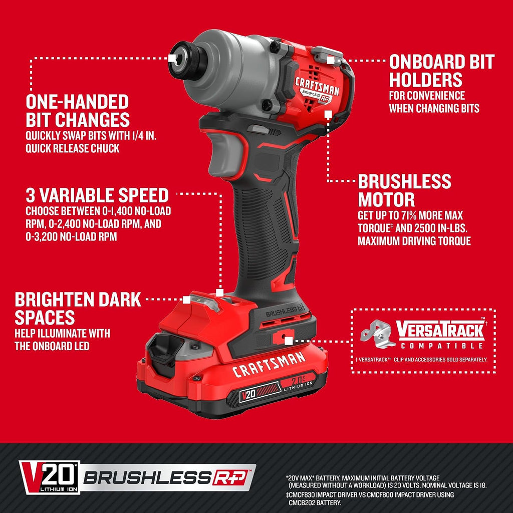 CRAFTSMAN V20 Cordless Brushless Impact Driver Set, 1/4 Impact Driver, Includes 2 Batteries and Charger (CMCF830D2)