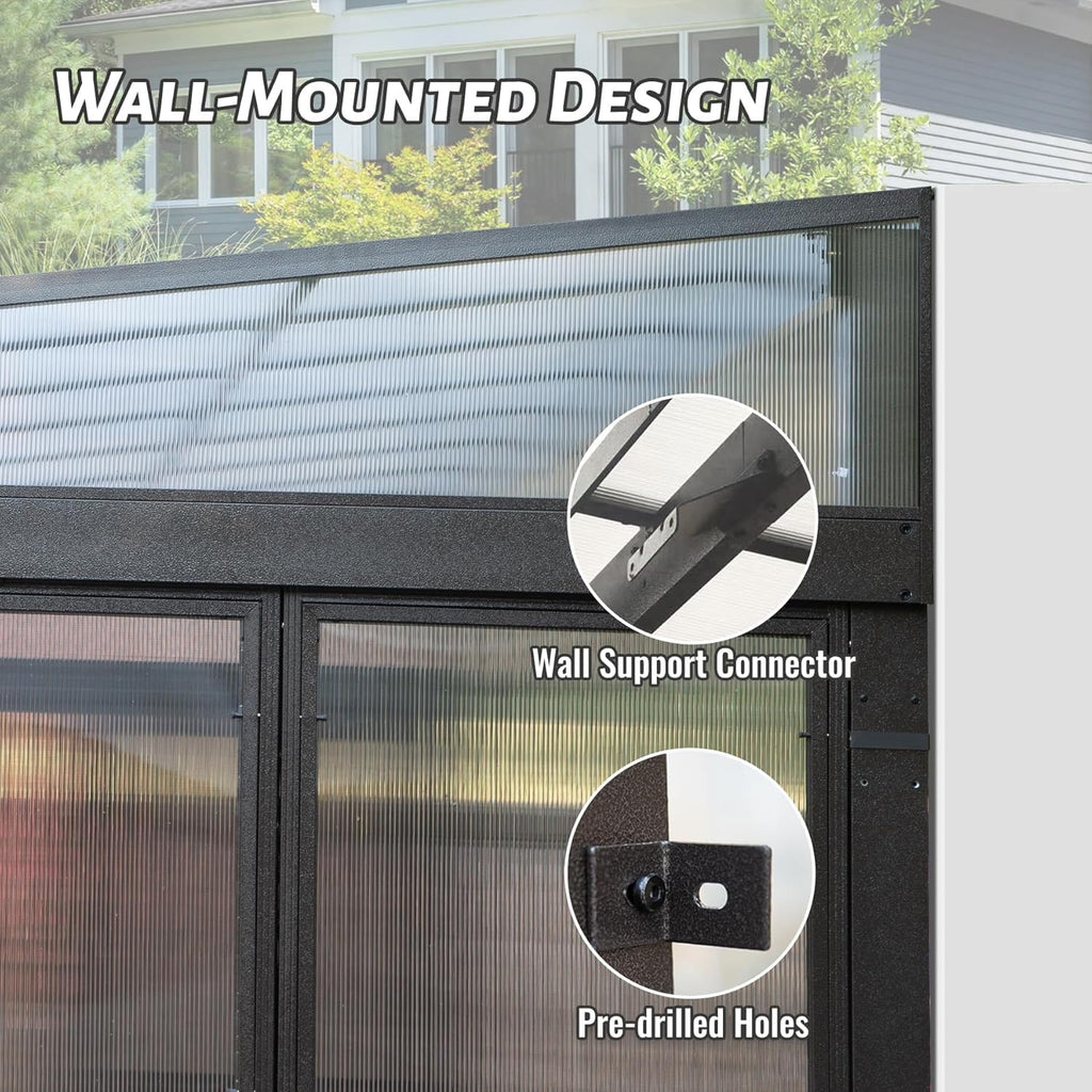10x14FT Wall-Mounted Sunroom Solarium | Permanent Lean-to Gazebo w/Detachable Polycarbonate Windows & 2 Lockable Sliding Doors - Dark Brown Aluminum for Patio, Deck, Garden