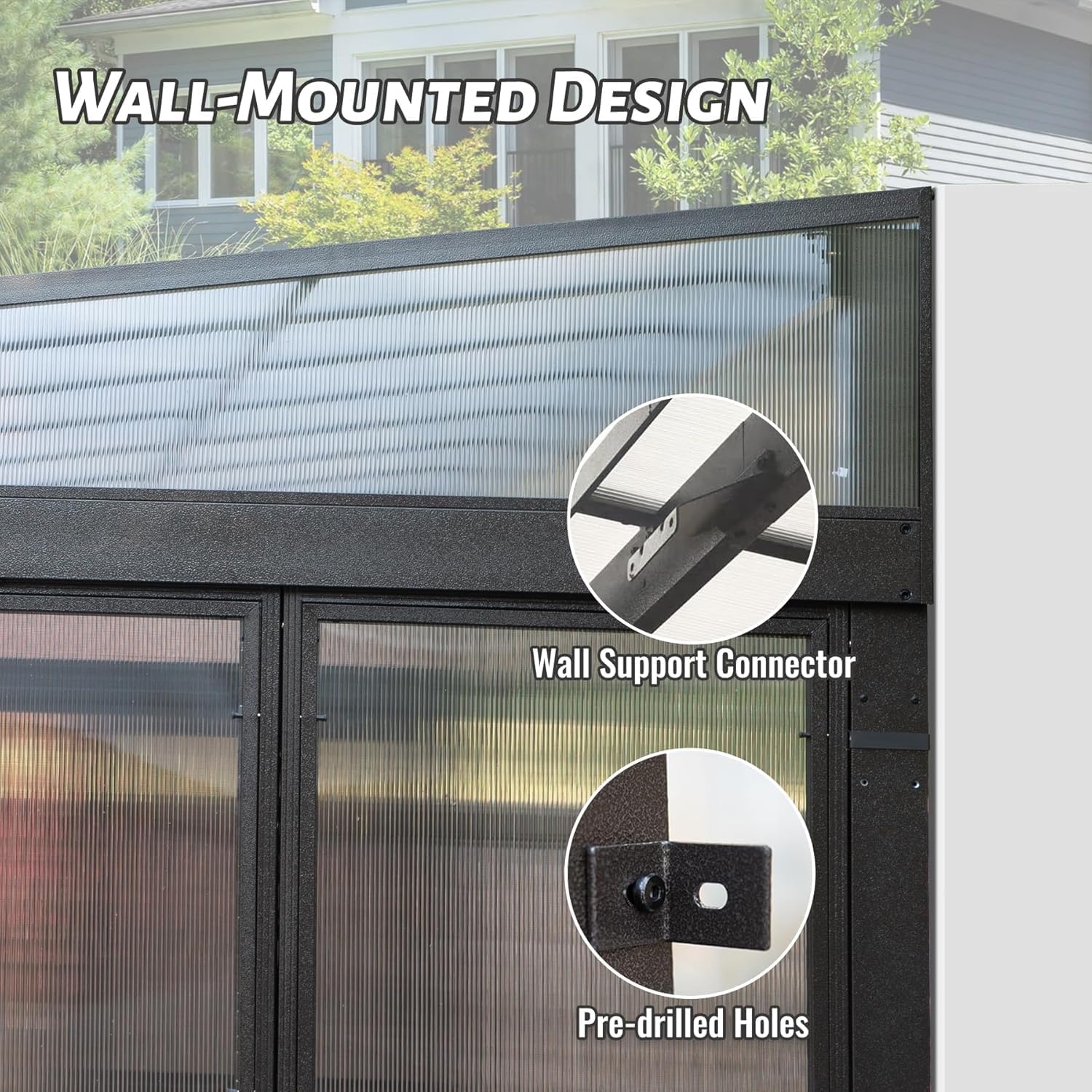 10x14FT Wall-Mounted Sunroom Solarium | Permanent Lean-to Gazebo w/Detachable Polycarbonate Windows & 2 Lockable Sliding Doors - Dark Brown Aluminum for Patio, Deck, Garden