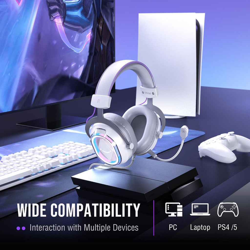 FIFINE USB Condenser Microphone with Gaming Headset Bundle, RGB Mic with Headphone Equipment Set with Monitoring, Game Chat Balance, Control Box, Compatible with PS4/PS5 for Video Streaming-A8W+H13WP