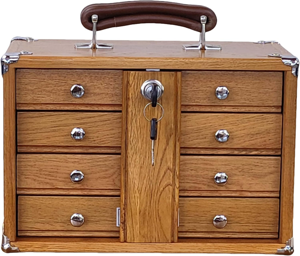 Oak Wood 4 Drawers Portable Toolbox, Leather Handle, FT0104