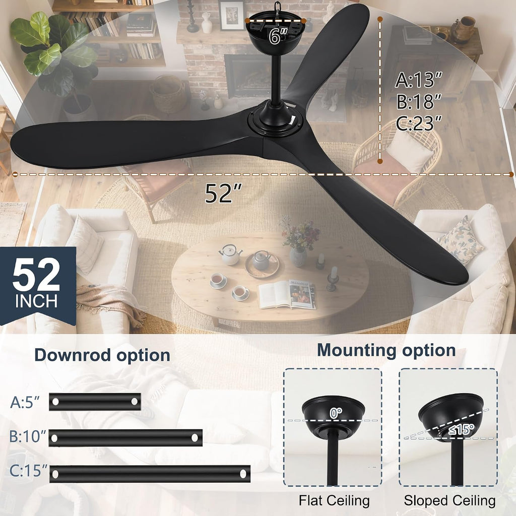 52 Inch Black Outdoor Ceiling Fan No Light, 3 Blade Wood Propeller Ceiling Fans for Patios, Wet Rated Indoor Ceiling Fan without Light for Living Room Bedroom with Remote