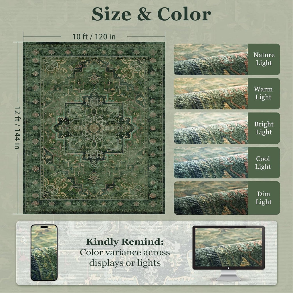 Green Large Area Rugs 10x12, Living Room Bedroom Carpet Extra Large Size Washable Non Slip, Vintage Distressed Medallio Low Pile Thin Rug for Big Dining Room