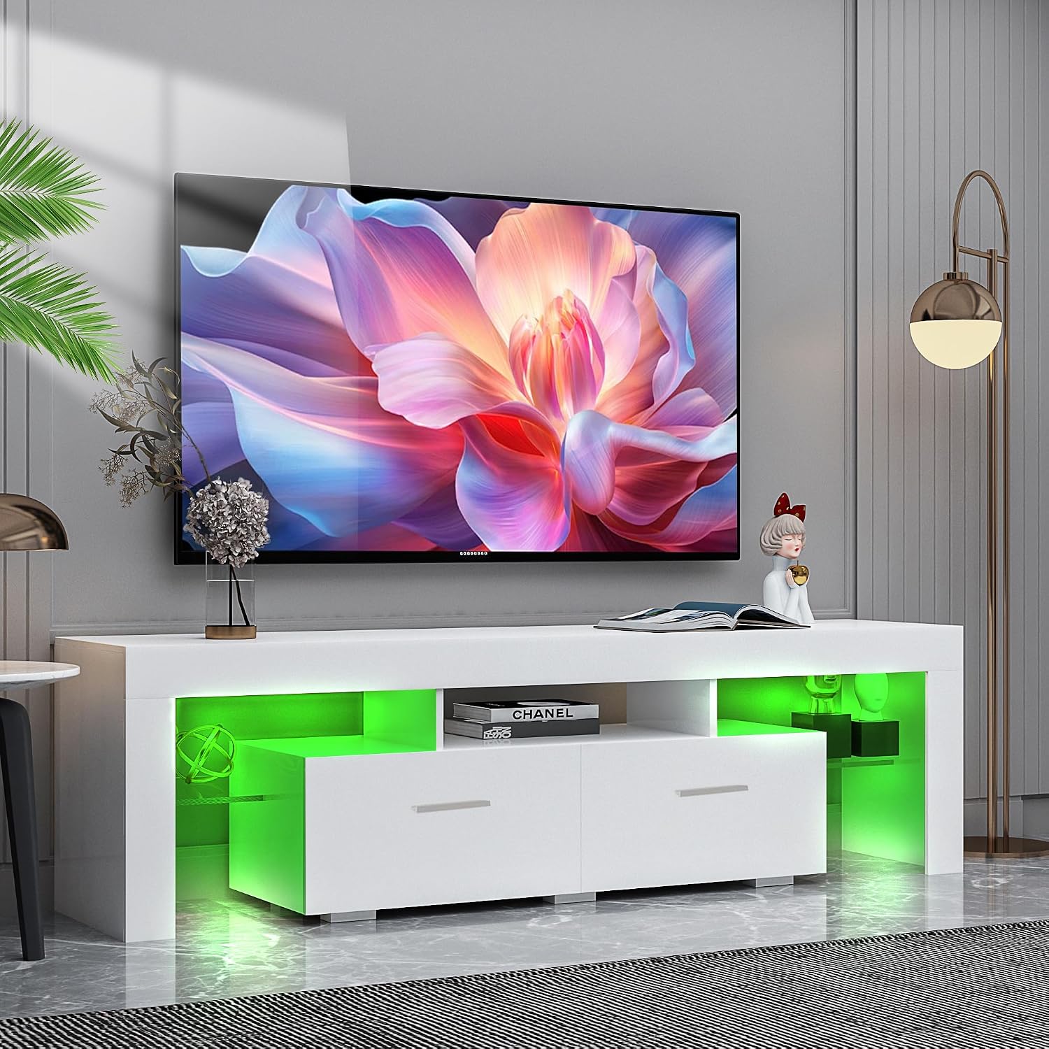 HOUAGI LED TV Stand for 32-65 Inch TV,Modern High Gloss Entertainment Center w/2 Storage Drawers and Color Changing Lights Video Gaming,Movies,Home Decor, White