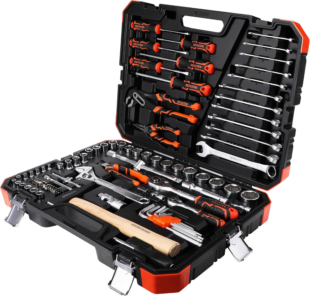REALTEK 100 Piece Mechanic Tool Set, Car Tool Kit, Cr-V Socket Wrench Auto Repair Kit Includes Socket Accessories, Pliers, Heavy Hammer, Screw Drivers, General Households Tools with Larger Case